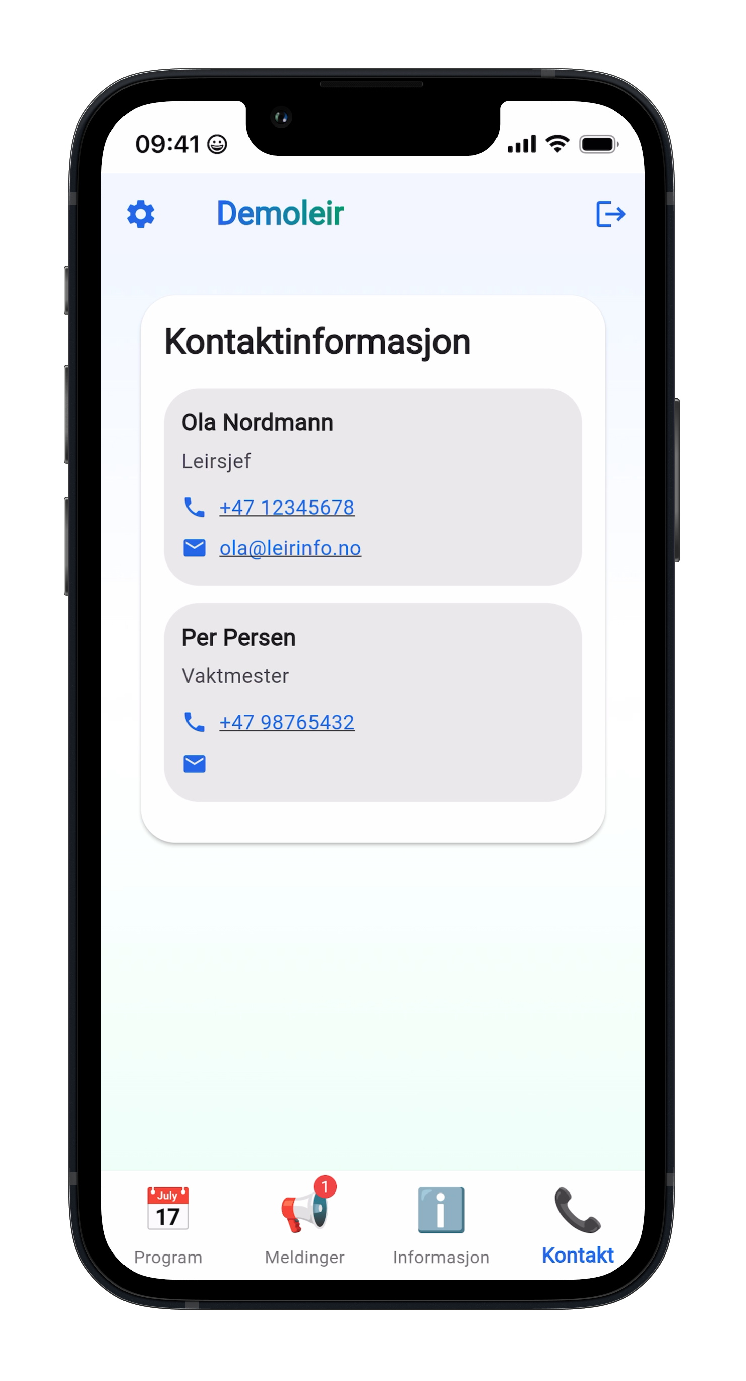 Leirinfo app - kontaktpersoner